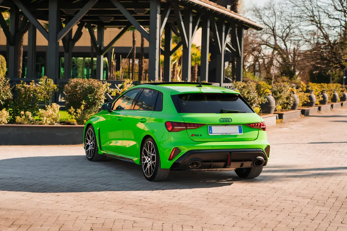 Audi RS3 Restyling 2025, exterior — Marbella Luxury Car Rental, Marbella. The 2025 Audi RS3 Restyling brings 400 hp to a body that still seats four, which makes it…