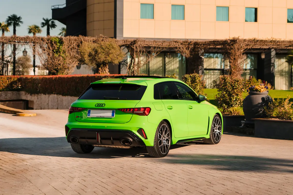 Audi RS3 Restyling 2025, rear view — Marbella Luxury Car Rental, Marbella. The 2025 Audi RS3 Restyling brings 400 hp to a body that still seats four, which makes it…