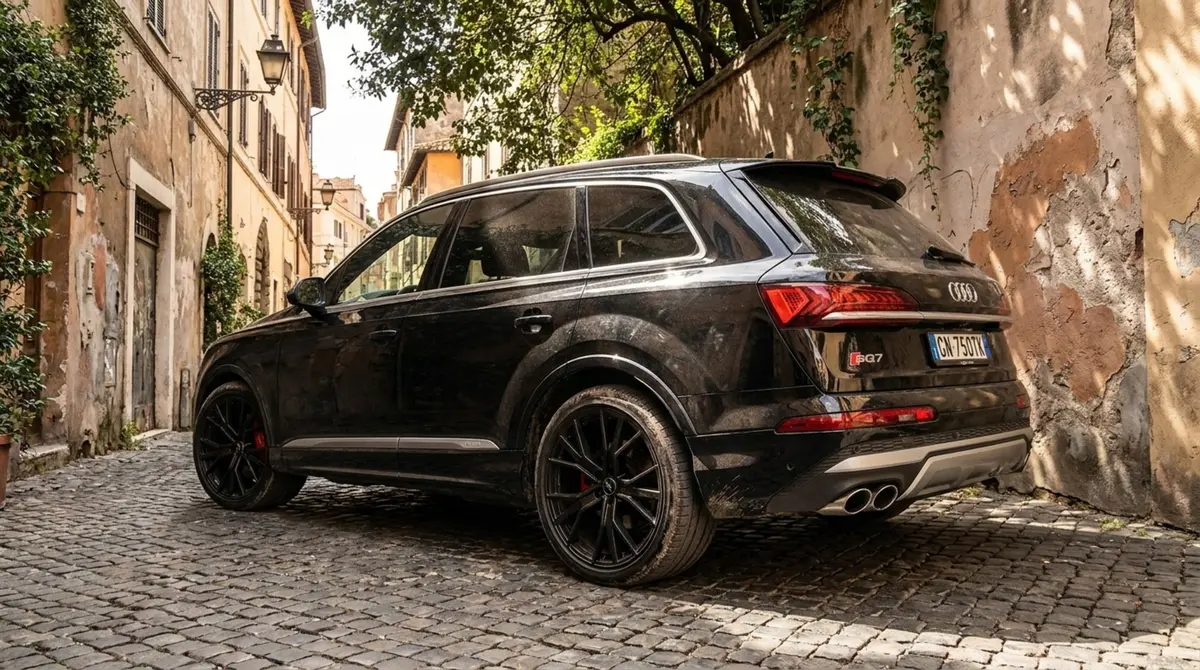 Audi SQ7 7seater 2023, front view — Marbella Luxury Car Rental, Marbella. The Audi SQ7 pairs the practicality of seven seats with a 530 hp V8 that pulls hard from…