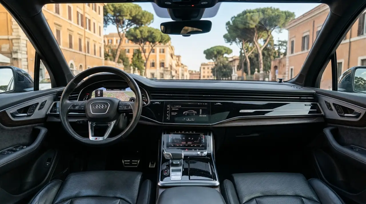 Audi SQ7 7seater 2023, rear view — Marbella Luxury Car Rental, Marbella. The Audi SQ7 pairs the practicality of seven seats with a 530 hp V8 that pulls hard from…
