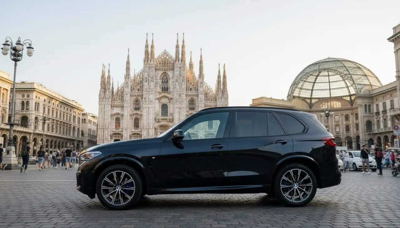 BMW X5 4.0i M 2025, rear view — Marbella Luxury Car Rental, Marbella. The 2025 BMW X5 4.0i M carries 381 hp through a five-seat cabin built for real use rather…