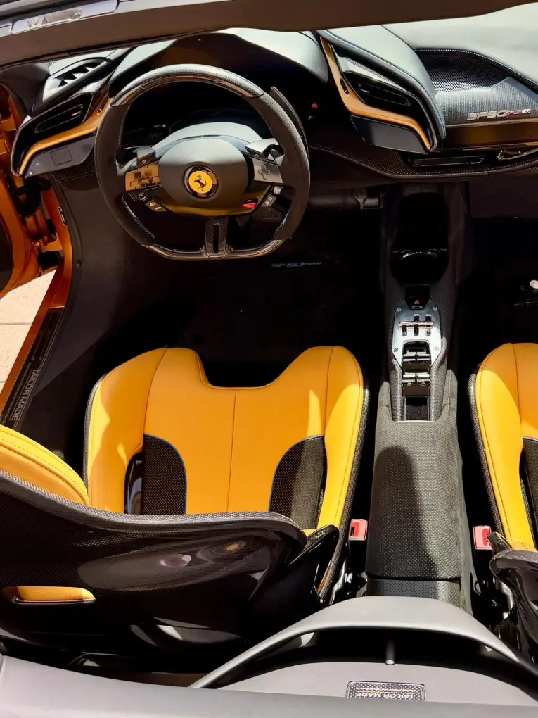 Ferrari SF90 Spider Tailor Made 2025, dashboard — Marbella Luxury Car Rental, Marbella. The Ferrari SF90 Spider Tailor Made pairs a plug-in hybrid V8 layout with 986 hp, making…
