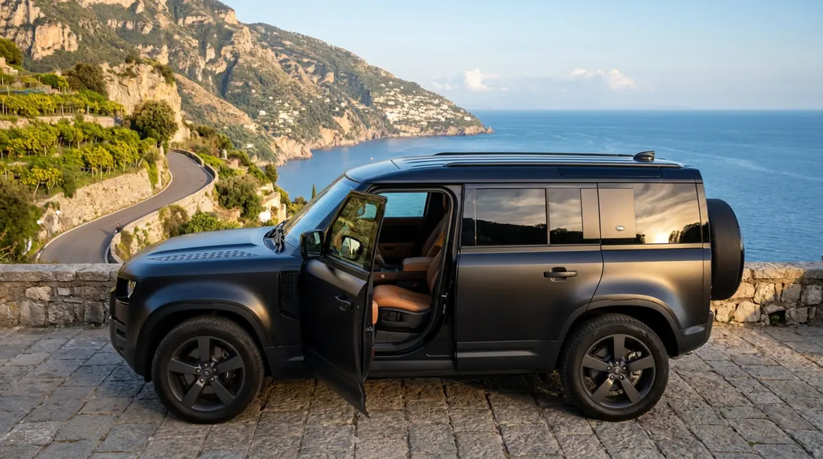 Land Rover Defender 2024, interior — Marbella Luxury Car Rental, Marbella. The 2024 Land Rover Defender pairs 400 hp with genuine seven-seat capacity, which changes…