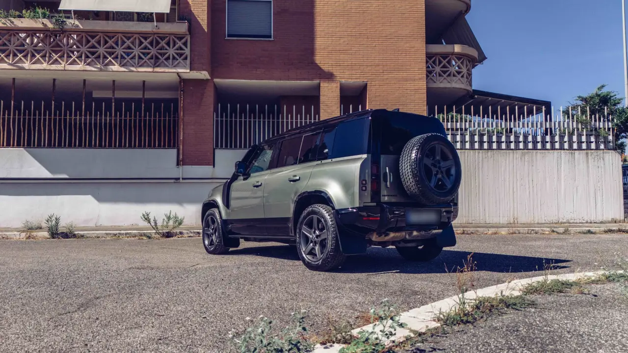 Land Rover Defender X-Dynamic 7 seater 2024, front view — Marbella Luxury Car Rental, Marbella. The 2024 Land Rover Defender X-Dynamic seats seven and puts out 300 hp, which in practice…