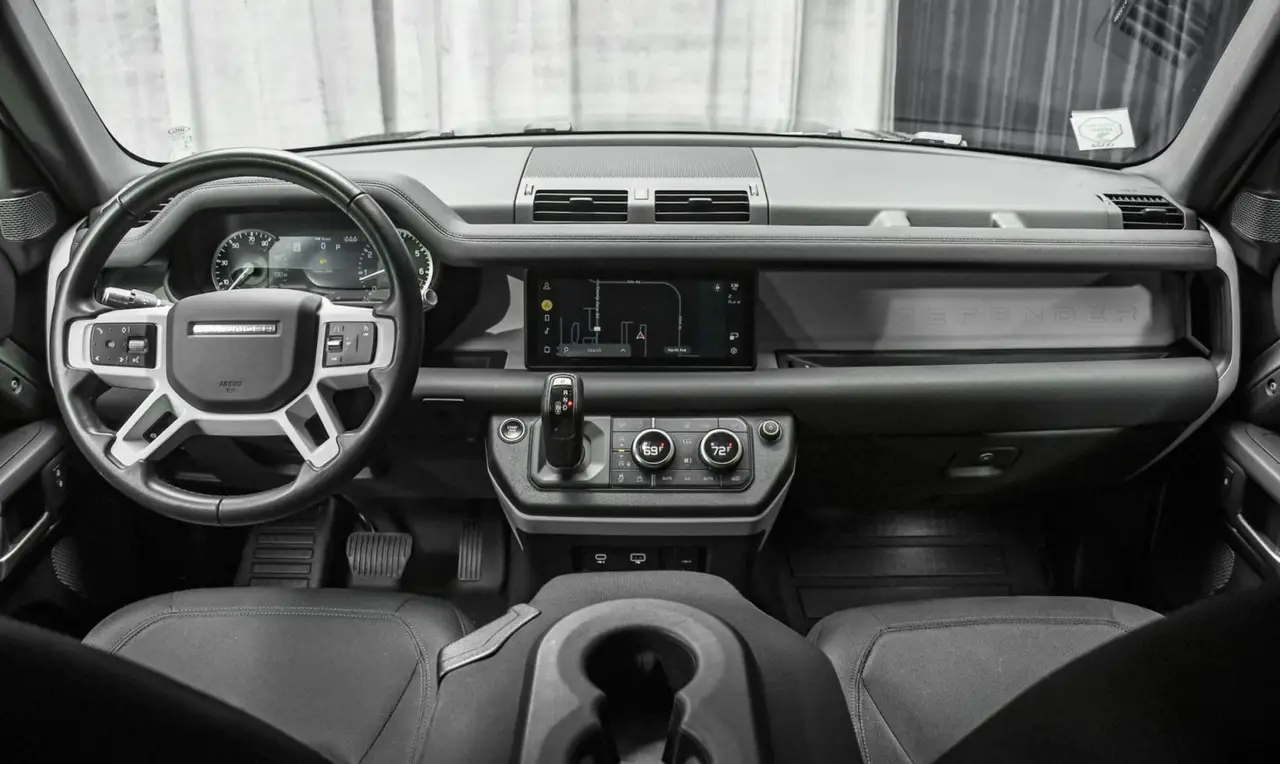Land Rover Defender X-Dynamic 7 seater 2024, dashboard — Marbella Luxury Car Rental, Marbella. The 2024 Land Rover Defender X-Dynamic seats seven and puts out 300 hp, which in practice…