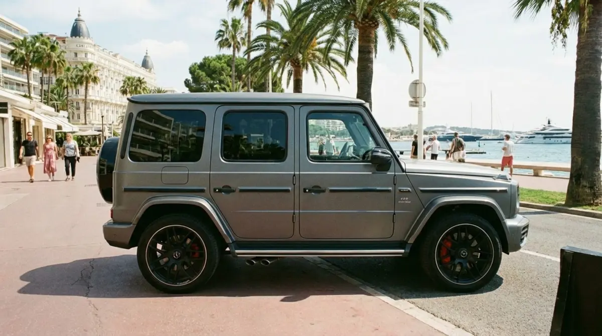 Mercedes Benz G63 2023, exterior — Marbella Luxury Car Rental, Marbella. The Mercedes Benz G63 keeps the upright, slab-sided silhouette that has defined the…
