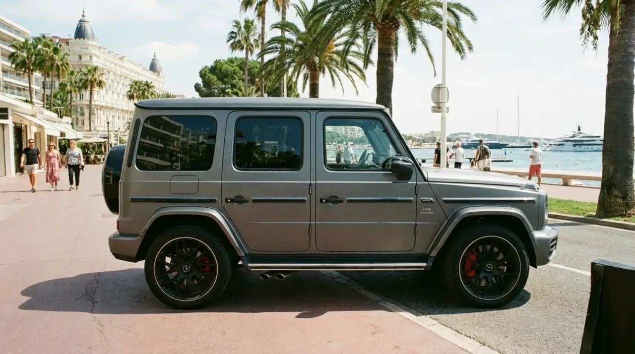 Mercedes Benz G63 2023, exterior — Marbella Luxury Car Rental, Marbella. The Mercedes Benz G63 keeps the upright, slab-sided silhouette that has defined the…