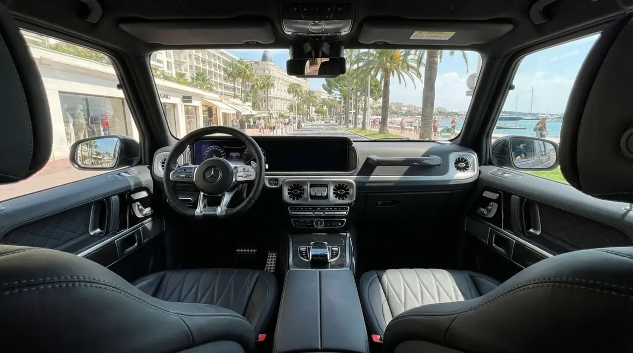 Mercedes Benz G63 2023, interior — Marbella Luxury Car Rental, Marbella. The Mercedes Benz G63 keeps the upright, slab-sided silhouette that has defined the…