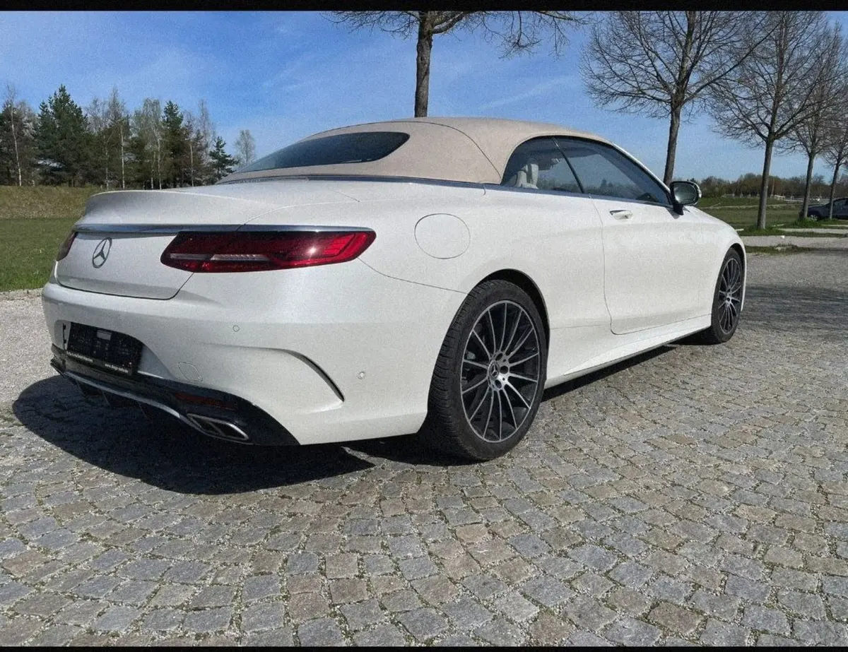 Mercedes Benz S560 Cabrio 2021, rear view — Marbella Luxury Car Rental, Marbella. The Mercedes Benz S560 Cabrio pairs a 469 hp V8 with the size and weight of a full…