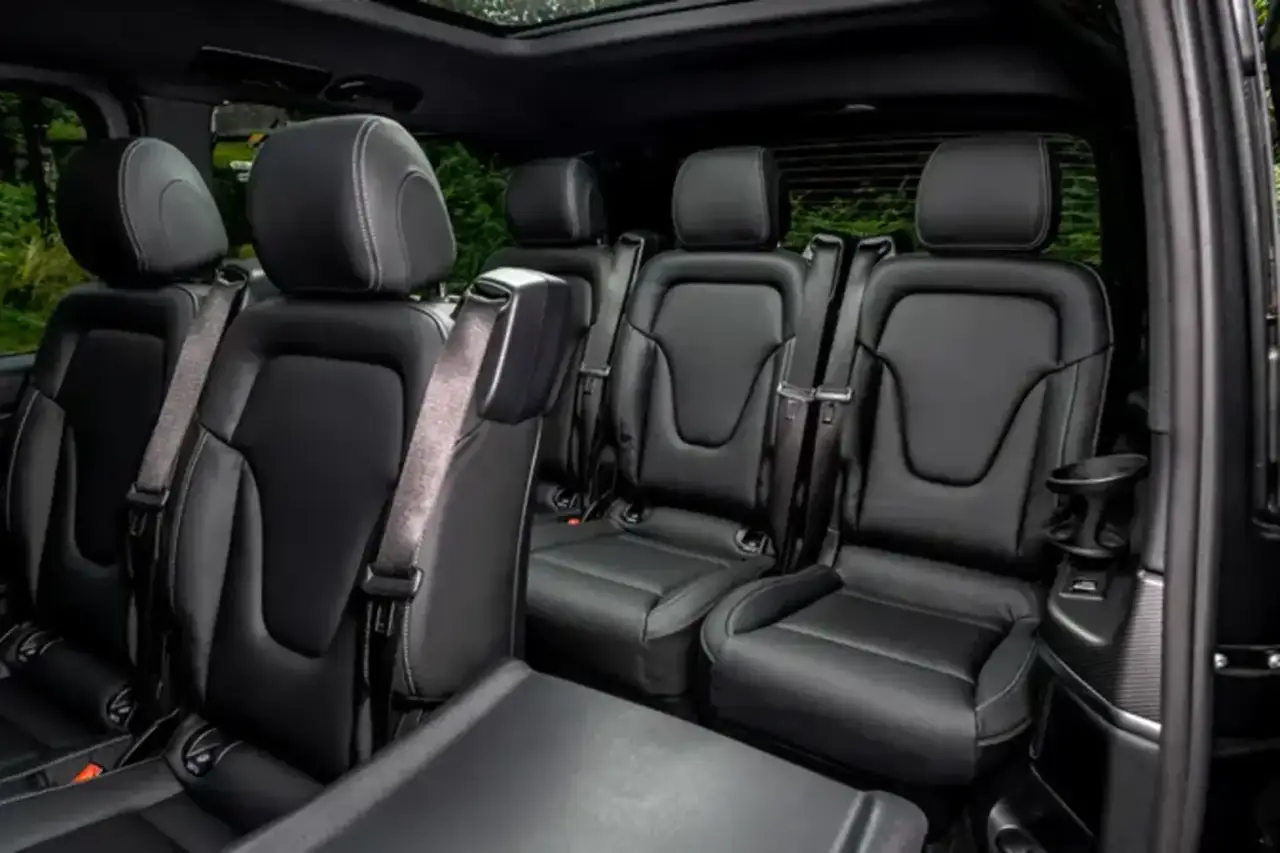 Mercedes Benz V300 8 seats 2025, exterior — Marbella Luxury Car Rental, Marbella. The Mercedes Benz V300, on this fleet in 2025 guise, is built for groups who need to move…