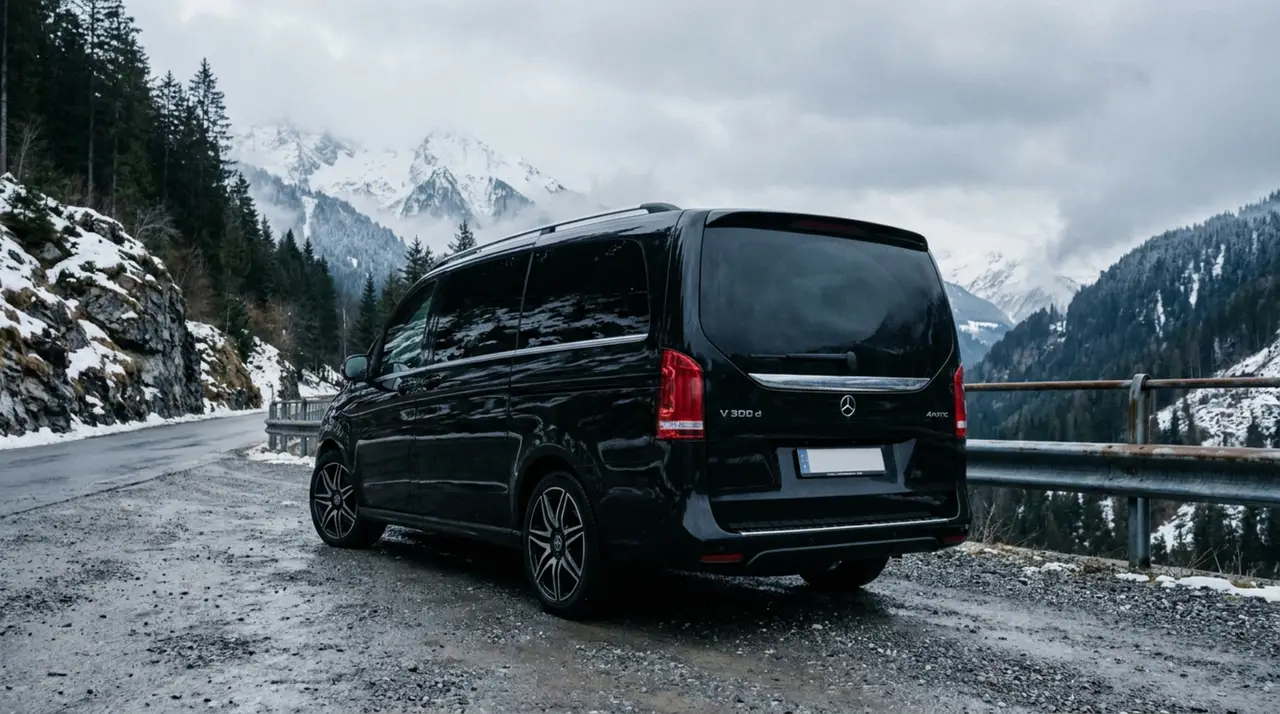 Mercedes Benz V300 8 seats 2025, front view — Marbella Luxury Car Rental, Marbella. The Mercedes Benz V300, on this fleet in 2025 guise, is built for groups who need to move…