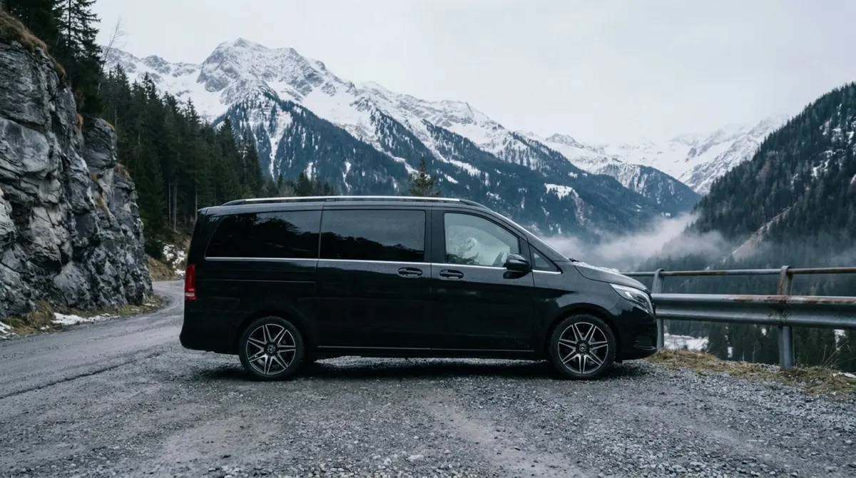 Mercedes Benz V300 8 seats 2025, rear view — Marbella Luxury Car Rental, Marbella. The Mercedes Benz V300, on this fleet in 2025 guise, is built for groups who need to move…
