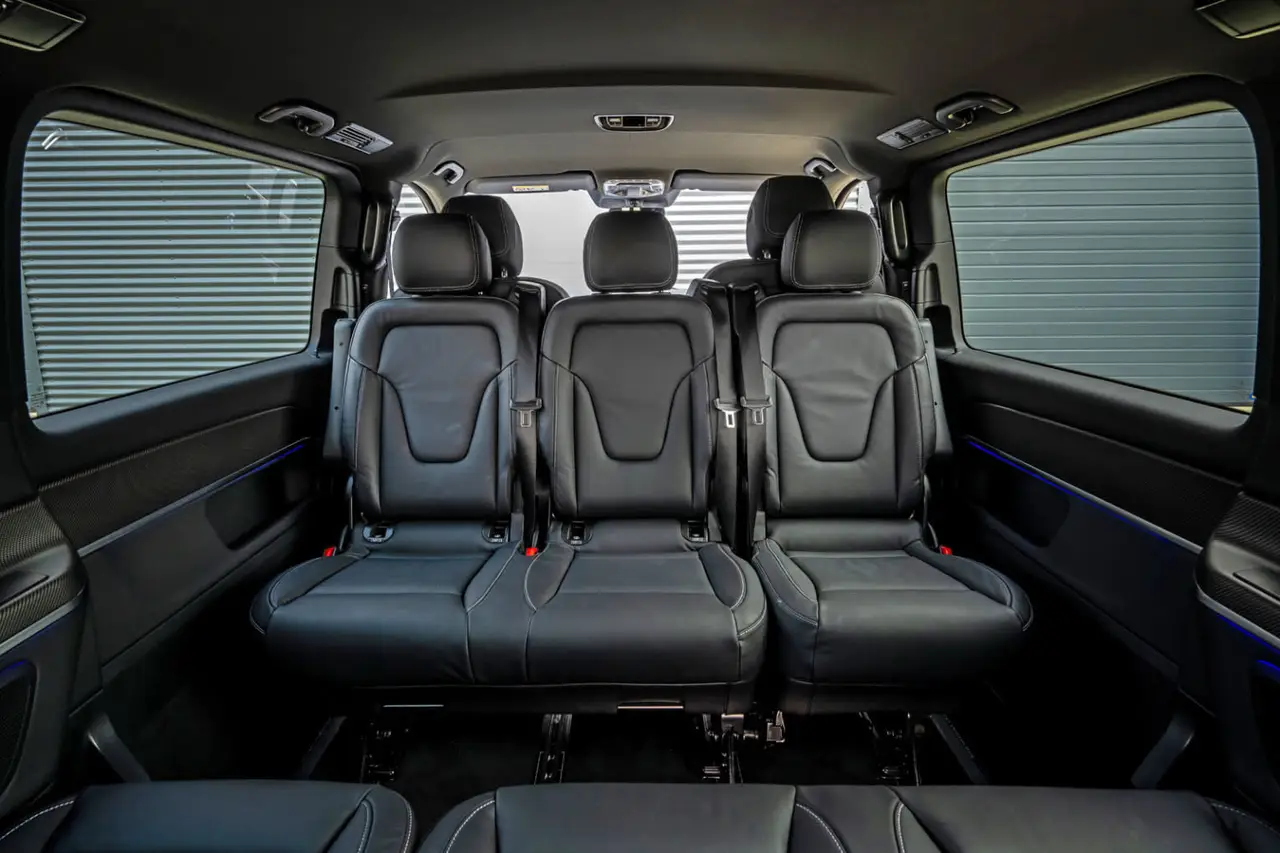 Mercedes Benz V300 8 seats 2025, interior — Marbella Luxury Car Rental, Marbella. The Mercedes Benz V300, on this fleet in 2025 guise, is built for groups who need to move…