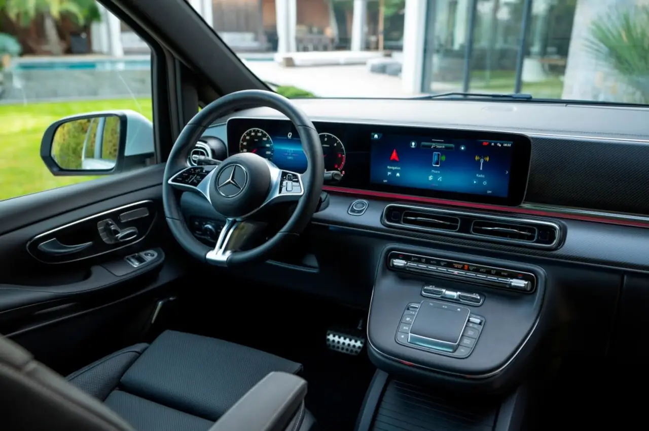 Mercedes Benz V300 8 seats 2025, dashboard — Marbella Luxury Car Rental, Marbella. The Mercedes Benz V300, on this fleet in 2025 guise, is built for groups who need to move…