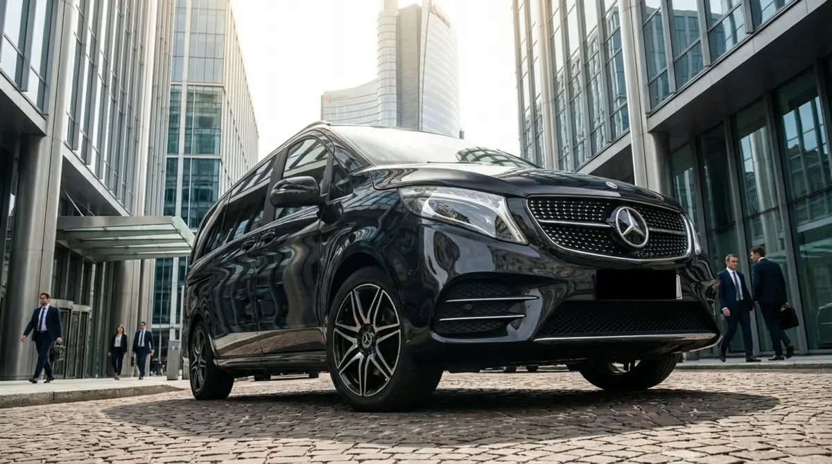 Mercedes V Class 2026, exterior — Marbella Luxury Car Rental, Marbella. The Mercedes Benz V Class is not built to chase corners on the A-369 toward Ronda; it is…