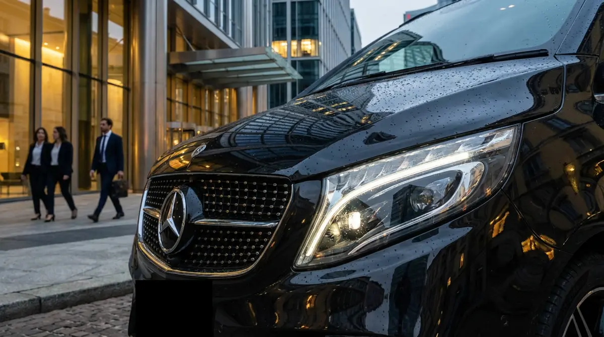 Mercedes V Class 2026, front view — Marbella Luxury Car Rental, Marbella. The Mercedes Benz V Class is not built to chase corners on the A-369 toward Ronda; it is…