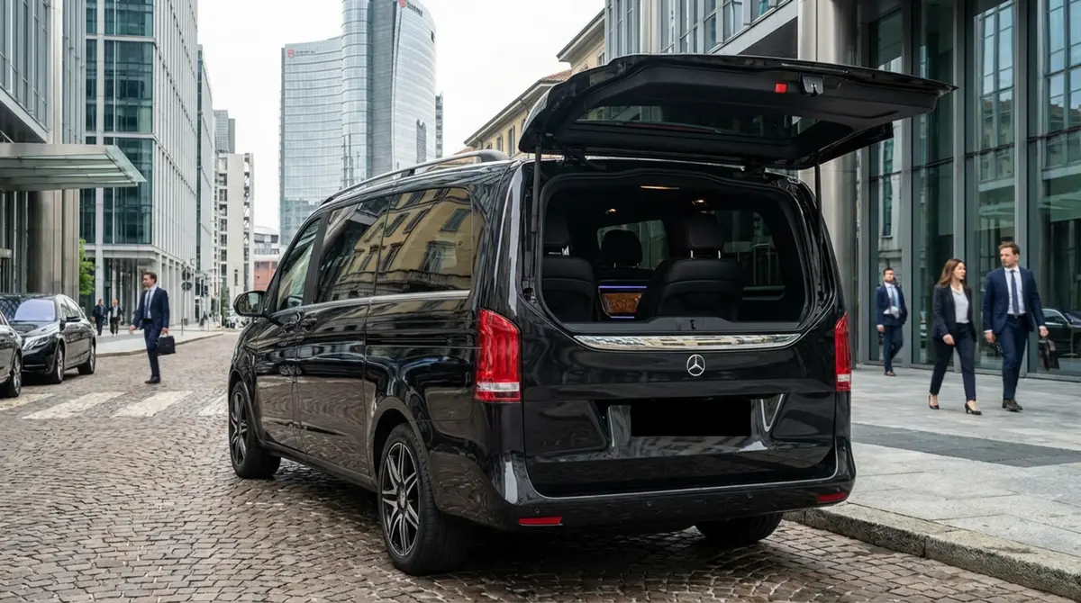 Mercedes V Class 2026, rear view — Marbella Luxury Car Rental, Marbella. The Mercedes Benz V Class is not built to chase corners on the A-369 toward Ronda; it is…