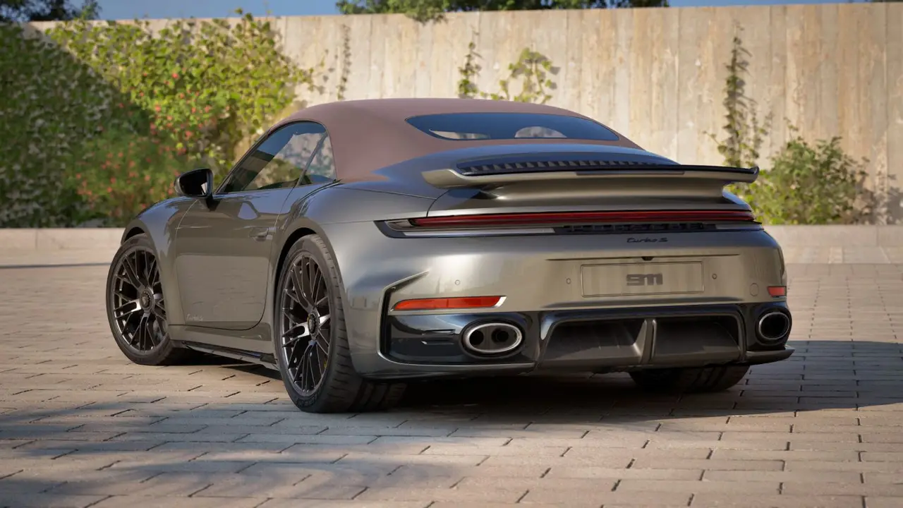Porsche 911 992 Carrera Turbo S Cabrio 2026, exterior — Marbella Luxury Car Rental, Marbella. The 992-generation 911 Carrera Turbo S Cabrio puts 650 hp behind a roof that folds away…
